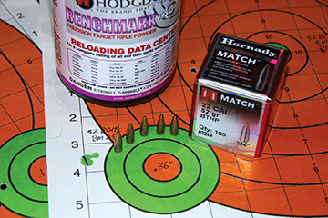 Thompson/Center Contender pistols are capable of assembling tiny groups with a good rest. This five-shot, 100-yard, .36-inch group involved Hornady’s 52-grain BTHP Match bullet and 25 grains of Hodgdon Benchmark powder.
